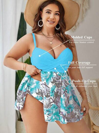 Swim Lushoire مجموعة بكيني مطبوعة عشوائية من قطعتين مناسبة للسيدات البدينة، صدر مبطن، خصر منتفخ، تنورة شكل A، بدلة سباحة كاجوال للعطلات