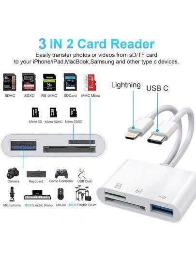 قارئ بطاقة SD 2 في 1 ، محول USB ، قارئ بطاقة ذاكرة بمنفذ USB 3.0 مناسب لجميع أجهزة iPad وSeries والهواتف الذكية ، تشغيل سهل وفوري