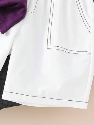 مجموعة قميص بولو ذو أكمام قصيرة وشورت مع جيب من طراز كوري وياباني بطبعات حرفية بسيطة وعصرية، مناسبة للارتداء اليومي، الرياضة، الخروجات، المدرسة، الحفلات، الفعاليات، التصوير الفوتوغرافي، العودة للمدرسة، بسيطة ومريحة وصالحة للأولاد الصغار خلال فصلي الربيع و