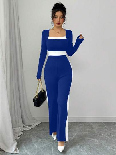 Elenzga بدلة قفز نسائية أنيقة ذات رقبة مربعة والأكمام الطويلة مع تصميم ألوان متباينة