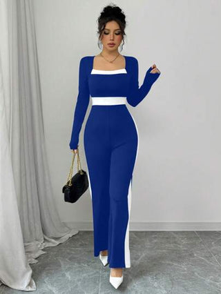 Elenzga بدلة قفز نسائية أنيقة ذات رقبة مربعة والأكمام الطويلة مع تصميم ألوان متباينة