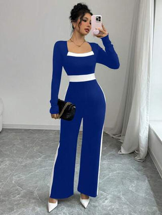 Elenzga بدلة قفز نسائية أنيقة ذات رقبة مربعة والأكمام الطويلة مع تصميم ألوان متباينة