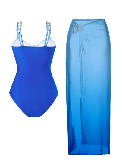 Swim Oasis بدلة السباحة قطعة واحدة حجم كبير، ذات تدرج بين الأزرق المحمر والأزرق الغامق، مزينة بالنجوم المعدنية، بسيطة وأنيقة لملابس الشاطئ للنساء، صيفي