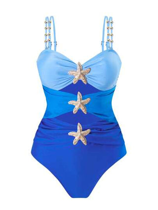 Swim Oasis بدلة السباحة قطعة واحدة حجم كبير، ذات تدرج بين الأزرق المحمر والأزرق الغامق، مزينة بالنجوم المعدنية، بسيطة وأنيقة لملابس الشاطئ للنساء، صيفي