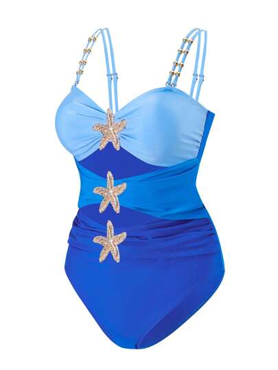 Swim Oasis بدلة السباحة قطعة واحدة حجم كبير، ذات تدرج بين الأزرق المحمر والأزرق الغامق، مزينة بالنجوم المعدنية، بسيطة وأنيقة لملابس الشاطئ للنساء، صيفي