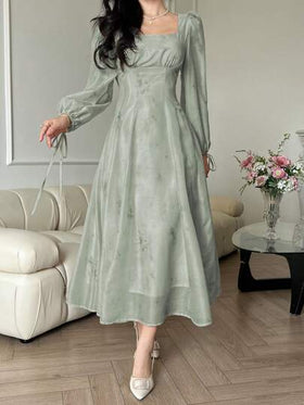 DAZY فستان شيفون طباعة زهور متوسط الطول للنساء، لإطلالة أنيقة في المناسبات الخاصة مثل موعد الربيع/الخريف الأول، فستان أنيق بأكمام طويلة لعيد الفصح