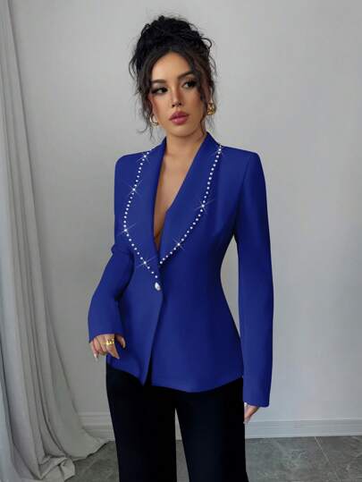 Elenzga بلايزر أنيق مزين باللؤلؤ الصناعي، أكمام طويلة, طوق للنساء