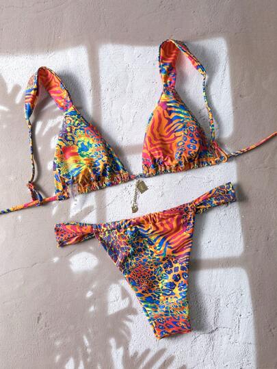 Swim Vcay بكيني بسيقان رفيعة بنقشات عشوائية ومزينة بالمعدن، أنثوي وجذاب، مناسب للصيف