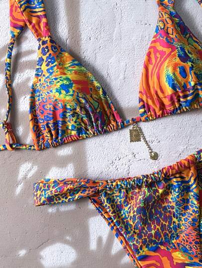 Swim Vcay بكيني بسيقان رفيعة بنقشات عشوائية ومزينة بالمعدن، أنثوي وجذاب، مناسب للصيف