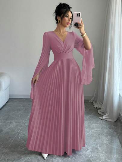 فساتين حريمي Elenzga فستان نسائي ماكسي أنيق وأنثوي بياقة على شكل حرف V، وأكمام مفتوحة منسدلة