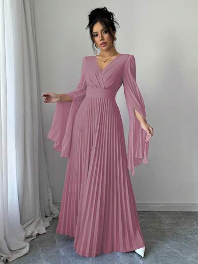 فساتين حريمي Elenzga فستان نسائي ماكسي أنيق وأنثوي بياقة على شكل حرف V، وأكمام مفتوحة منسدلة