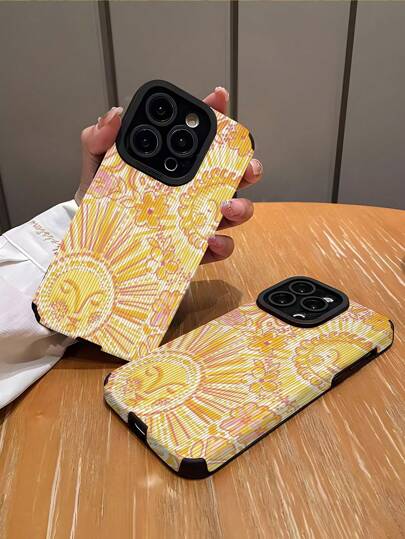قطعة واحدة غطاء هاتف TPU ناعم مضاد للسقوط بتصميم شمس صفراء وخطوط كلاسيكي متوافق مع هواتف آيفون 16/16 بلس/16 برو/16 برو ماكس