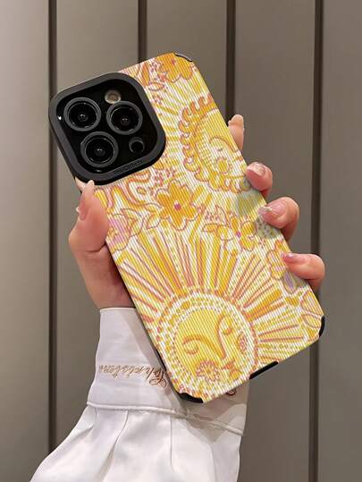 قطعة واحدة غطاء هاتف TPU ناعم مضاد للسقوط بتصميم شمس صفراء وخطوط كلاسيكي متوافق مع هواتف آيفون 16/16 بلس/16 برو/16 برو ماكس