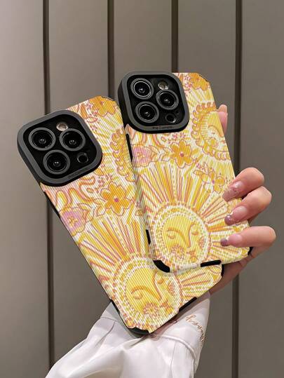 قطعة واحدة غطاء هاتف TPU ناعم مضاد للسقوط بتصميم شمس صفراء وخطوط كلاسيكي متوافق مع هواتف آيفون 16/16 بلس/16 برو/16 برو ماكس