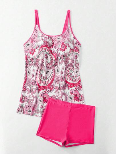 Swim Lushoire مجموعة إكسسوارات سباحة عشوائية للسيدات بقصات كبيرة المقاسات، توب كاميسول وبيكيني، مناسب للعطلة والاسترخاء 2 قطعة