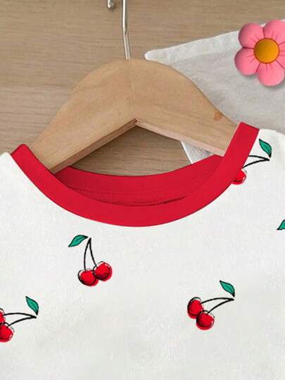 SHEIN طقم بنطلون وتيشيرت كم قصير طاقم عنق للرضع البنات، مطبوع بالكرز، مناسب للربيع/الصيف، قطعتين