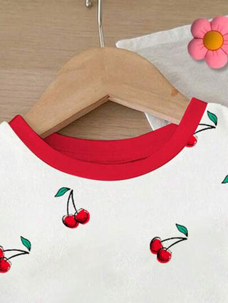 SHEIN طقم بنطلون وتيشيرت كم قصير طاقم عنق للرضع البنات، مطبوع بالكرز، مناسب للربيع/الصيف، قطعتين