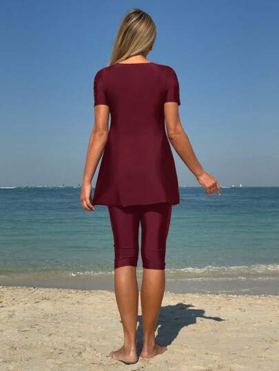طقم تانكيني حريمي Swim Mulvari مجموعة ملابس سباحة كاجوال رياضية أنيقة للنساء تتكون من شورت قصيرة وبلوزة بياقة مستديرة وأكمام قصيرة
