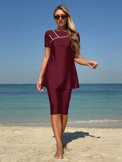 طقم تانكيني حريمي Swim Mulvari مجموعة ملابس سباحة كاجوال رياضية أنيقة للنساء تتكون من شورت قصيرة وبلوزة بياقة مستديرة وأكمام قصيرة