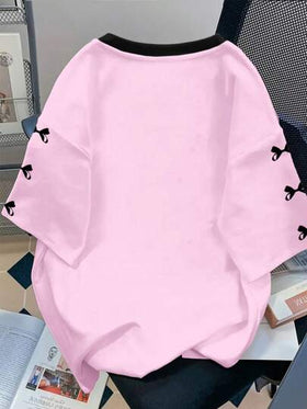 SHEIN Girlism تيشرت سيدات مراهقات بقصة فضفاضة وياقة على شكل حرف V، قصير الأكمام، مطبوع برسومات إلهامات الباليه، مناسب للصيف