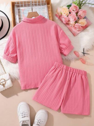girls-sets مجموعة قصيرة الأكمام بأكمام محصورة وشورت 2 قطعة، كاجوال رياضي للفتيات المراهقات، صيفي