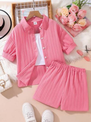 girls-sets مجموعة قصيرة الأكمام بأكمام محصورة وشورت 2 قطعة، كاجوال رياضي للفتيات المراهقات، صيفي