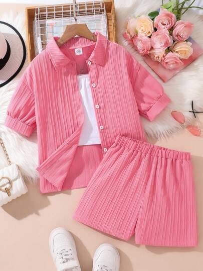 girls-sets مجموعة قصيرة الأكمام بأكمام محصورة وشورت 2 قطعة، كاجوال رياضي للفتيات المراهقات، صيفي
