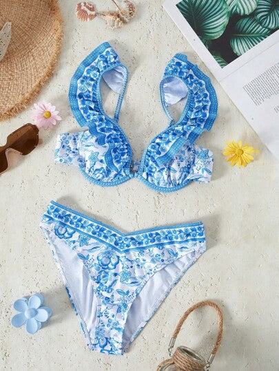 طقم تانكيني حريمي Bikinx بدلة سباحة تانكيني بطبعة مرقعة وحواف مكشكشة