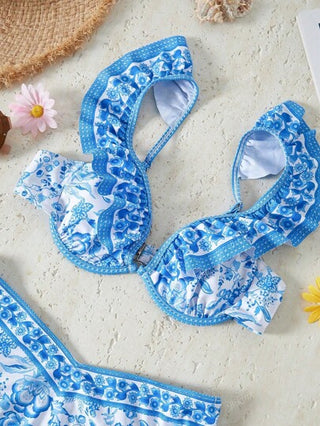 طقم تانكيني حريمي Bikinx بدلة سباحة تانكيني بطبعة مرقعة وحواف مكشكشة