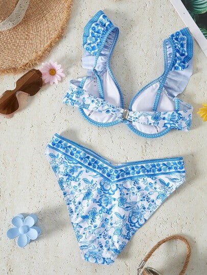 طقم تانكيني حريمي Bikinx بدلة سباحة تانكيني بطبعة مرقعة وحواف مكشكشة