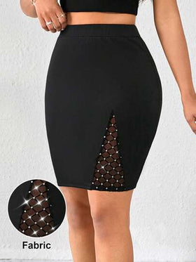 SHEIN Lady تنورة رشيقة مرصعة بالراينستون والشبكة المفصلة للمرأة للارتداء في الحياة اليومية
