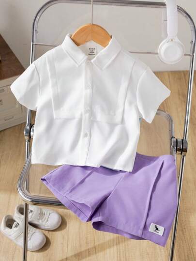 SHEIN مجموعة قميص أكمام قصيرة أبيض عملي وشورت بخصر مطّاطي مناسبة لصبي رضيع، مناسبة لحفلات عيد الميلاد والأعياد والمناسبات والزفاف والأنشطة والتعميد والاحتفال بعيد الميلاد الأول وحفلة الطفل الجديد، 2 قطعة