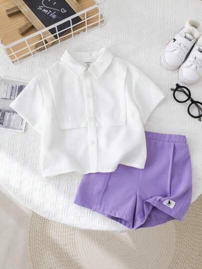 SHEIN مجموعة قميص أكمام قصيرة أبيض عملي وشورت بخصر مطّاطي مناسبة لصبي رضيع، مناسبة لحفلات عيد الميلاد والأعياد والمناسبات والزفاف والأنشطة والتعميد والاحتفال بعيد الميلاد الأول وحفلة الطفل الجديد، 2 قطعة