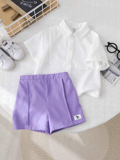 SHEIN مجموعة قميص أكمام قصيرة أبيض عملي وشورت بخصر مطّاطي مناسبة لصبي رضيع، مناسبة لحفلات عيد الميلاد والأعياد والمناسبات والزفاف والأنشطة والتعميد والاحتفال بعيد الميلاد الأول وحفلة الطفل الجديد، 2 قطعة
