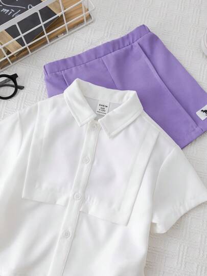 SHEIN مجموعة قميص أكمام قصيرة أبيض عملي وشورت بخصر مطّاطي مناسبة لصبي رضيع، مناسبة لحفلات عيد الميلاد والأعياد والمناسبات والزفاف والأنشطة والتعميد والاحتفال بعيد الميلاد الأول وحفلة الطفل الجديد، 2 قطعة