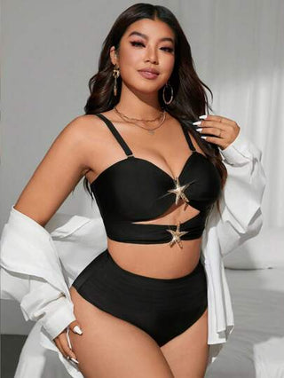 SHEIN Swim Curve بدلة سباحة بيكيني من قطعتين مقاسات كبيرة للنساء، سلسلة "أواسيس" باللون الأسود، بفتحات وذو خصر عالي، بحمالات رفيعة، للصيف والشواطئ والإجازات
