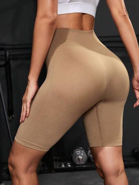 Seamluxe SHEIN Sport سروال رياضي بكعبة ضلع بني، سروال ضيق مطاطي بدون درز