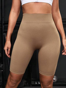 Seamluxe SHEIN Sport سروال رياضي بكعبة ضلع بني، سروال ضيق مطاطي بدون درز