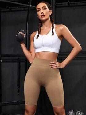 Seamluxe SHEIN Sport سروال رياضي بكعبة ضلع بني، سروال ضيق مطاطي بدون درز