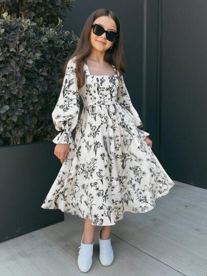 Firerie Kids Firerie Kids فستان أكمام طويلة بطبعة زهرية سوداء للفتيات المراهقات، فساتين الخريف