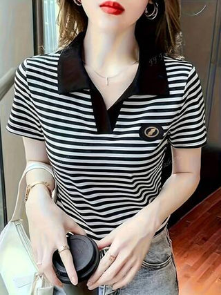 تي شيرت بولو نسائي قصير الأكمام مخطط، صيفي جديد فضفاض رياضي كاجوال، تي شيرت نحيف