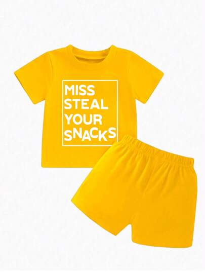 بنات صغيرات لوك حروف "Miss Steal Your Snacks" تي شيرت طويل الأكمام بياقة دائرية وشورت، طقم كاجوال وردي