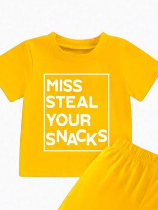 بنات صغيرات لوك حروف "Miss Steal Your Snacks" تي شيرت طويل الأكمام بياقة دائرية وشورت، طقم كاجوال وردي