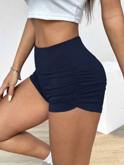SHEIN EZwear شورتات صيفية عادية للنساء قصيرة جداً بخصر عالي مطوية ضيقة