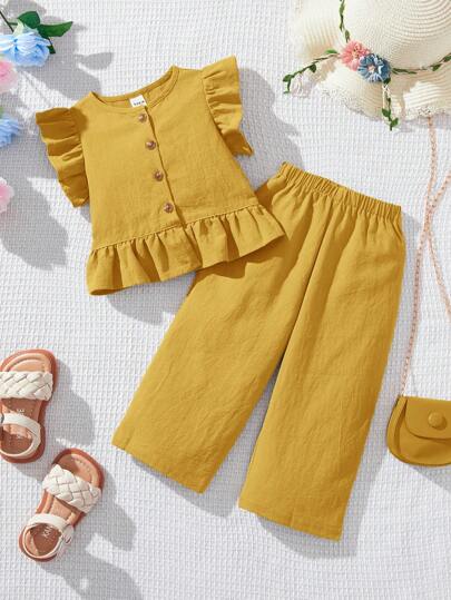 SHEIN طقم قصير وبنطلون مطاطي الخصر للفتيات الصغيرات، لون سادة، ذو تصميم ذيل منسدل معروف بالكشكشة، مثالي لفصل الصيف والعطلات