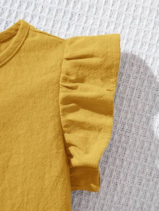SHEIN طقم قصير وبنطلون مطاطي الخصر للفتيات الصغيرات، لون سادة، ذو تصميم ذيل منسدل معروف بالكشكشة، مثالي لفصل الصيف والعطلات