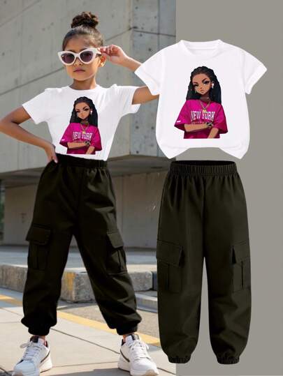 girls-sets 2 قطعة / مجموعة ملابس فتاة مراهقة، سلسلة نمط فتاة حلوة وأنيقة تي شيرت بأكمام قصيرة وياقة مستديرة وبنطال، مناسبة للصيف