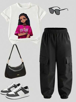 girls-sets 2 قطعة / مجموعة ملابس فتاة مراهقة، سلسلة نمط فتاة حلوة وأنيقة تي شيرت بأكمام قصيرة وياقة مستديرة وبنطال، مناسبة للصيف