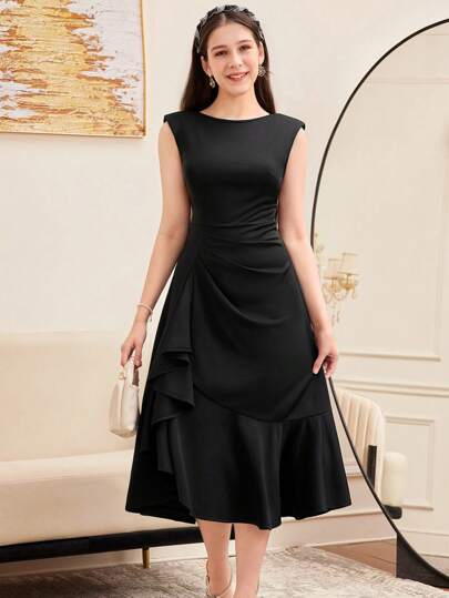 SHEIN فستان أنيق بدون أكمام بتصميم كشكش وتطريز دانتيل مناسب للمراهقات، فستان سهرة طويل، أنيق، للحفلات والمناسبات العائلية المهمة