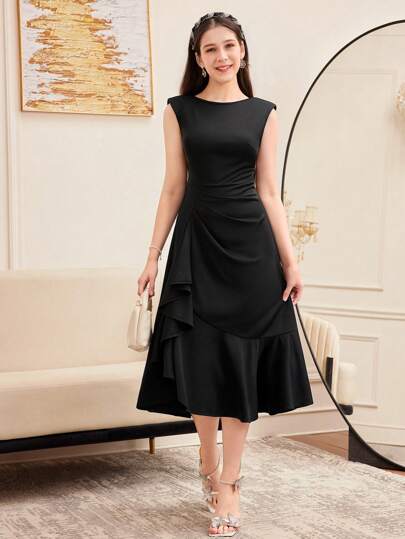 SHEIN فستان أنيق بدون أكمام بتصميم كشكش وتطريز دانتيل مناسب للمراهقات، فستان سهرة طويل، أنيق، للحفلات والمناسبات العائلية المهمة